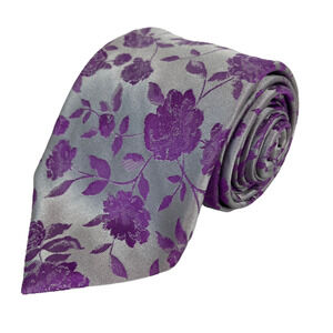 Paul Fredrick Tie Mens Purple Gray Floral‎ 100% Silk Pointed Classic Tie
